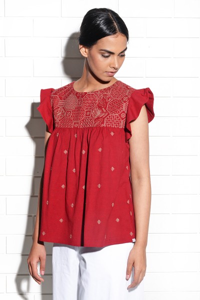 Muqarna Embroidered Top With Ruffled Sleeves